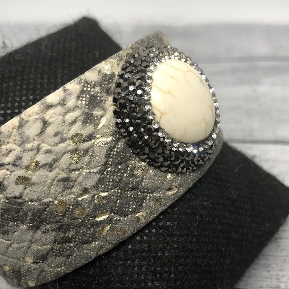 Snakeskin textured faux leather dressy statement cuff bracelet with stone